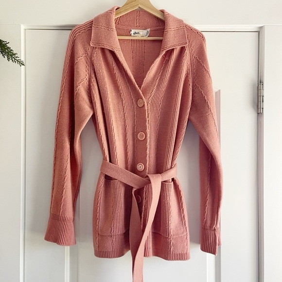 Duet Sweaters - Vintage 70s Duet Button Front-tie Waist Cardigan Mauvey Pink - L
